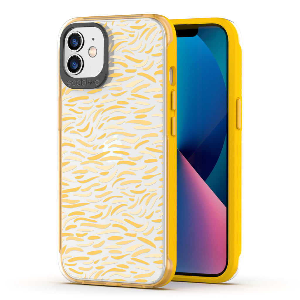 Back View Of Yellow Eco-Friendly iPhone 12 / 12 Pro Timeless Laguna Case With Brush Stroke Design & Front View Of The Screen