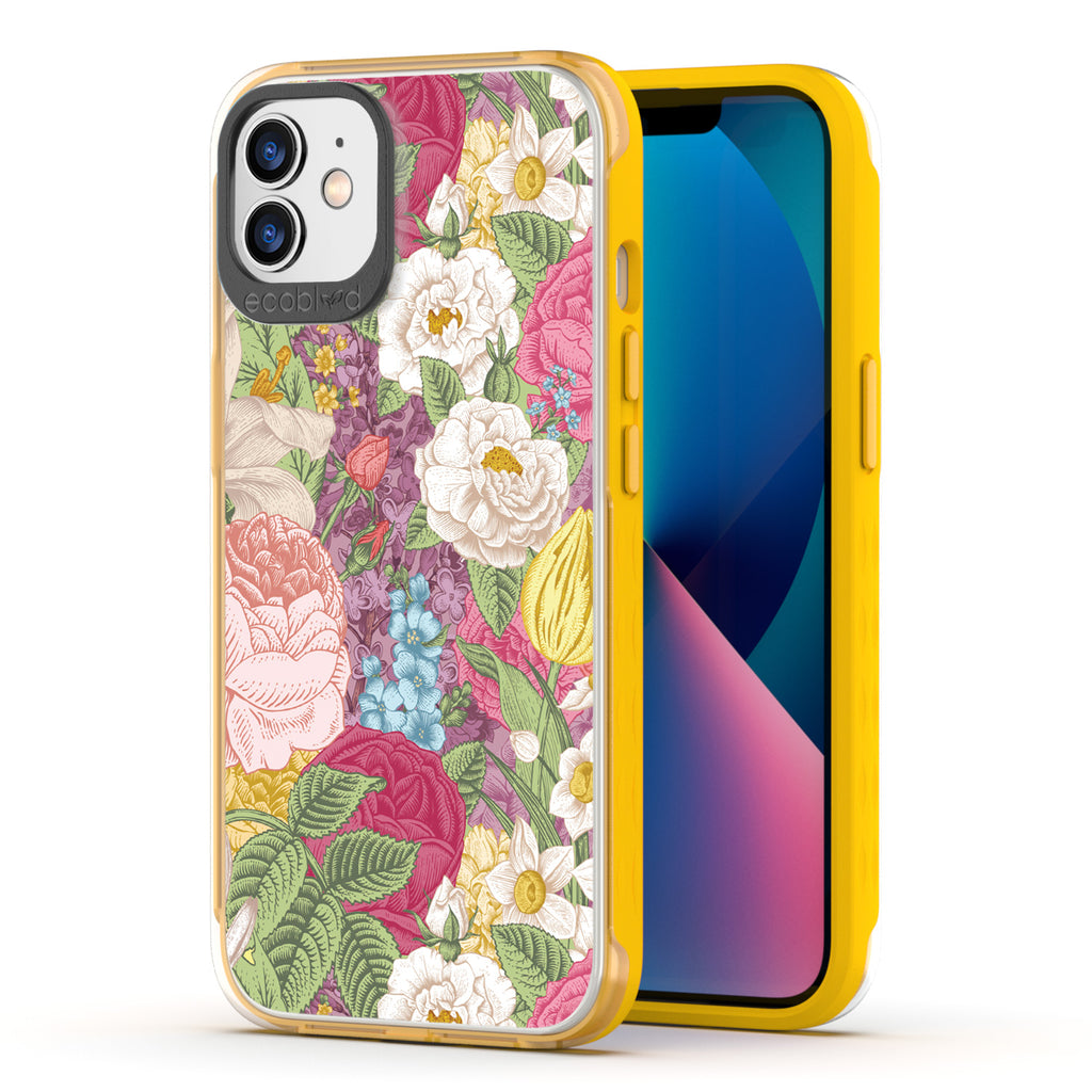 Back View Of Yellow Eco-Friendly iPhone 12 / 12 Pro Timeless Laguna Case With In Bloom Design & Front View Of The Screen