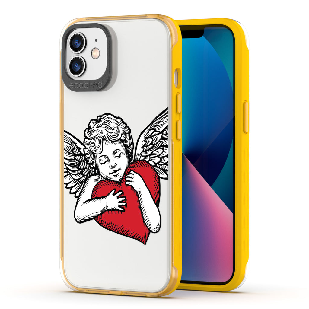 Back View Of Yellow Eco-Friendly iPhone 12 / 12 Pro Clear Case With The Cupid Design & Front View Of Screen