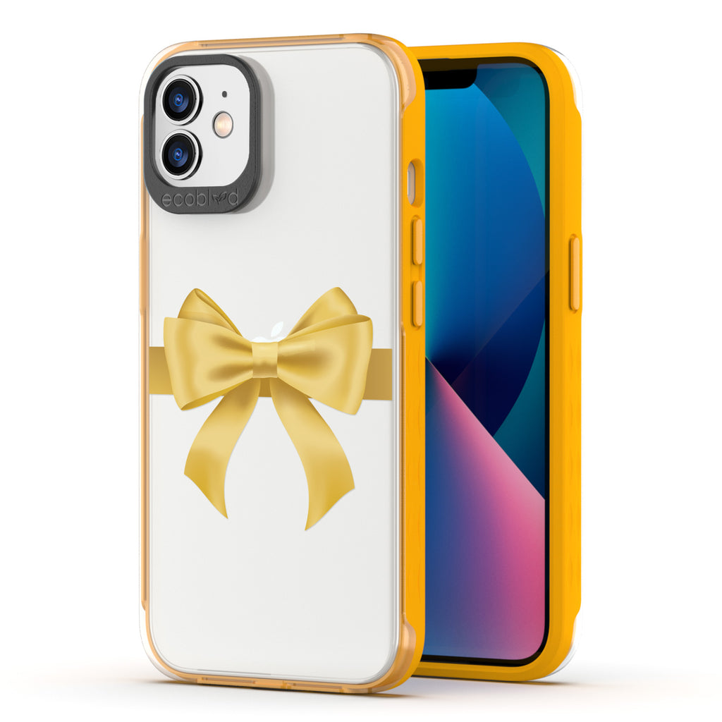 Back View Of Compostable Yellow iPhone 12 / 12 Pro Winter Laguna Case With That's A Wrap Design & Front View Of The Screen
