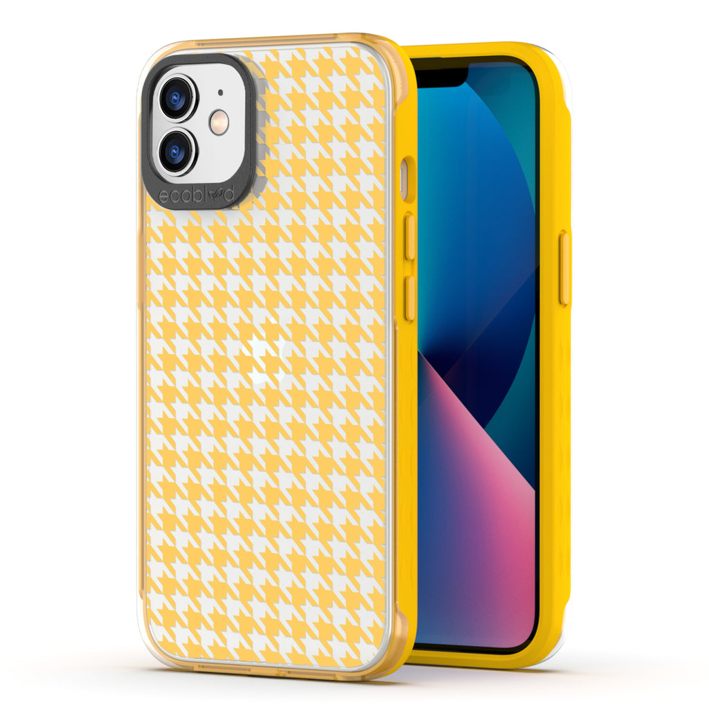 Back View Of Yellow Eco-Friendly iPhone 12 / 12 Pro Timeless Laguna Case With Houndstooth Design & Front View Of The Screen