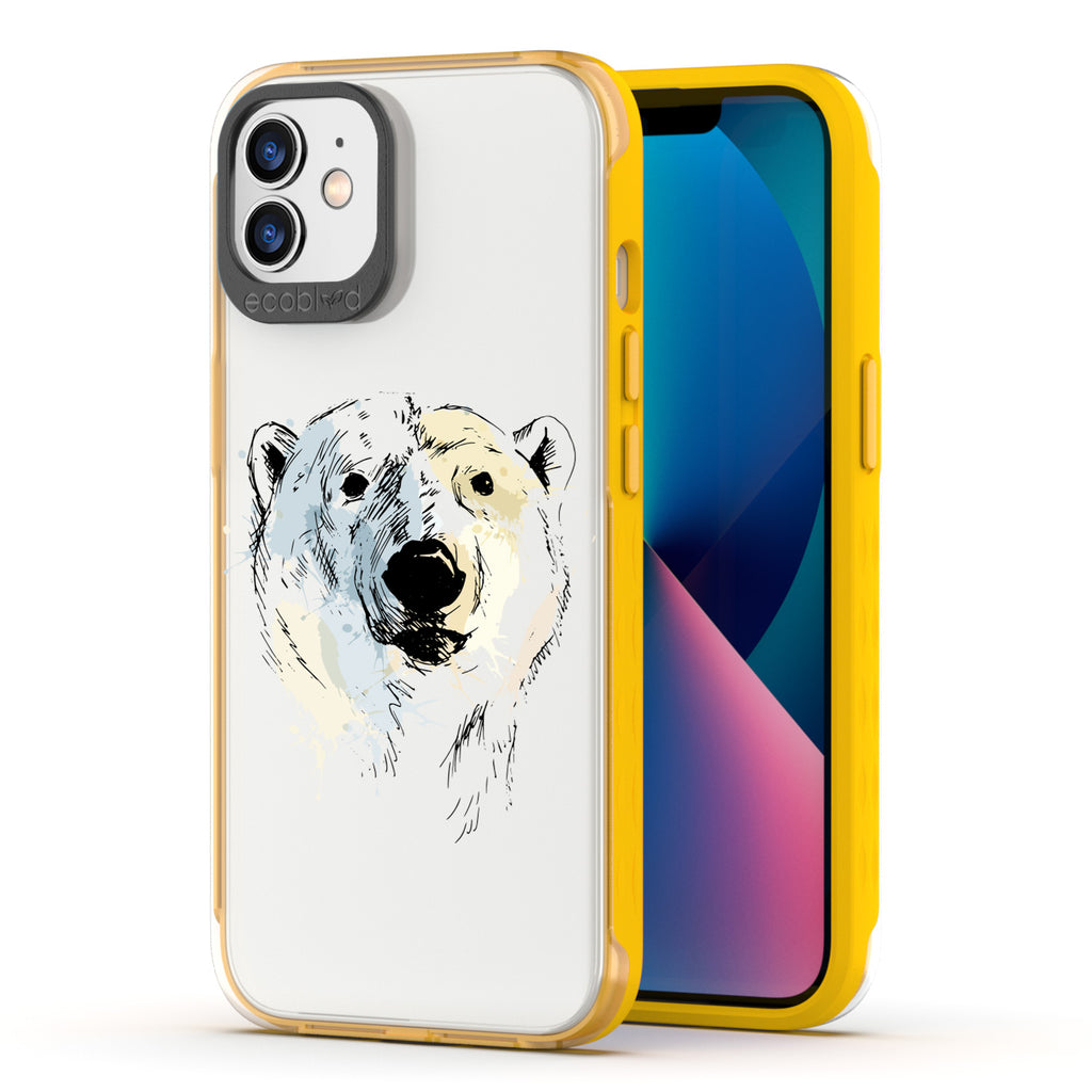 Back View Of Yellow Eco-Friendly iPhone 12 & 12 Pro Clear Case With The Polar Bear Design & Front View Of Screen