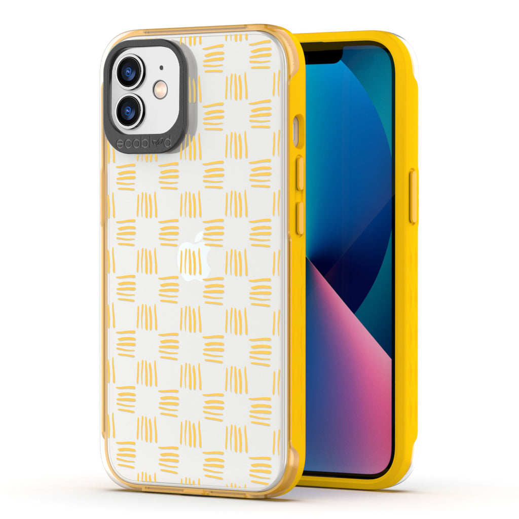 Back View Of Yellow Eco-Friendly iPhone 12/12 Pro Clear Case With Weave It To Me Design & Front View Of Screen