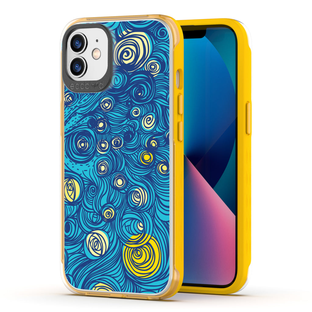 Back View Of Yellow Eco-Friendly iPhone 12 & 12 Pro Clear Case With The Let It Gogh Design & Front View Of Screen