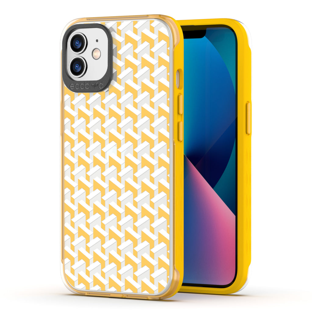 Back View Of Compostable Yellow iPhone 12 / 12 Pro Timeless Laguna Case With That's Haute Design & Front View Of The Screen