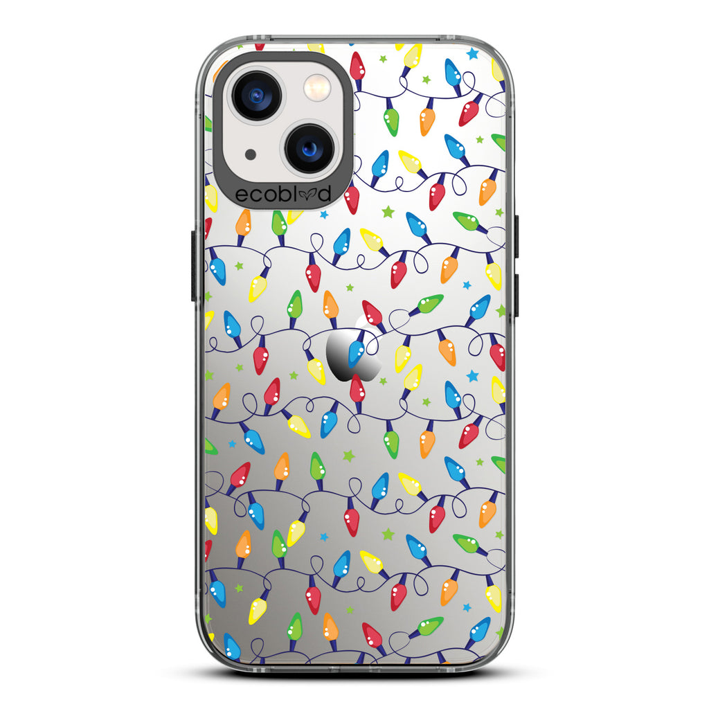 Winter Collection - Black Compostable Laguna iPhone 13 Case With Colorful Christmas Lights & Stars On A Clear Back