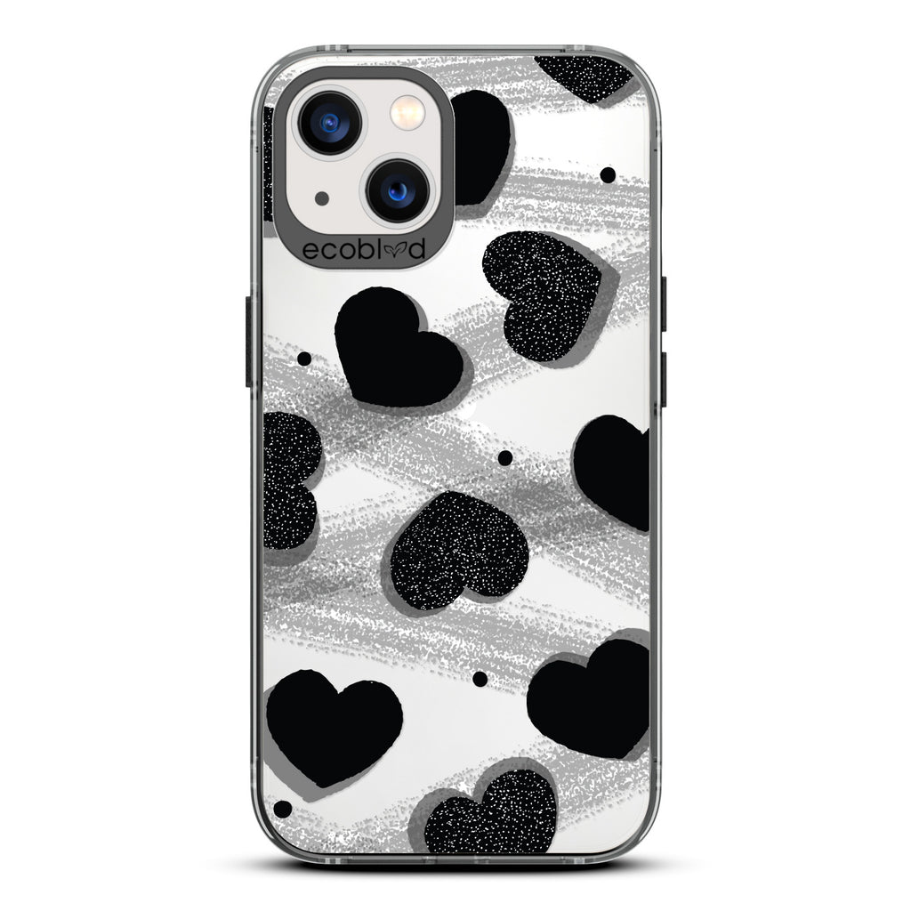 Love Collection - Black Compostable iPhone 13 Case - Silver Glitter Hearts, Dots, Grey Paint Strokes On A Clear Back