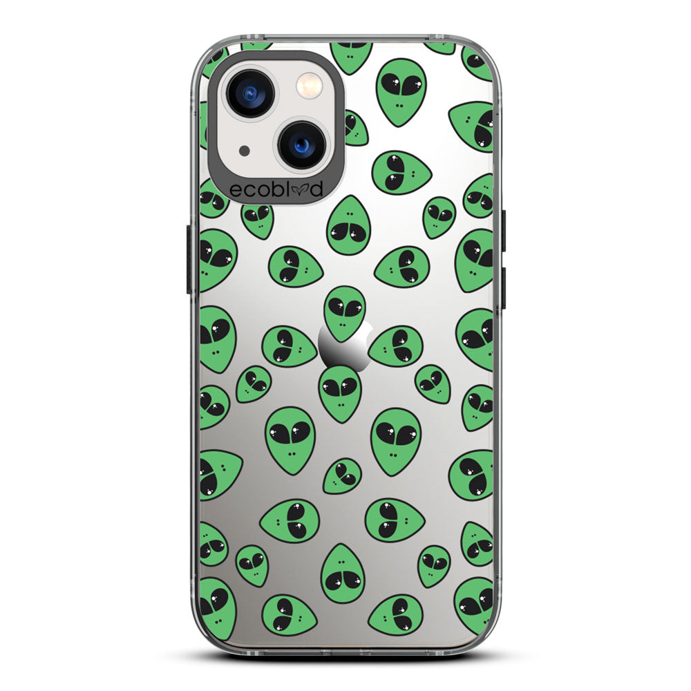Laguna Collection - Black Eco-Friendly iPhone 13 Case With Green Cartoon Alien Heads On A Clear Back - Compostable