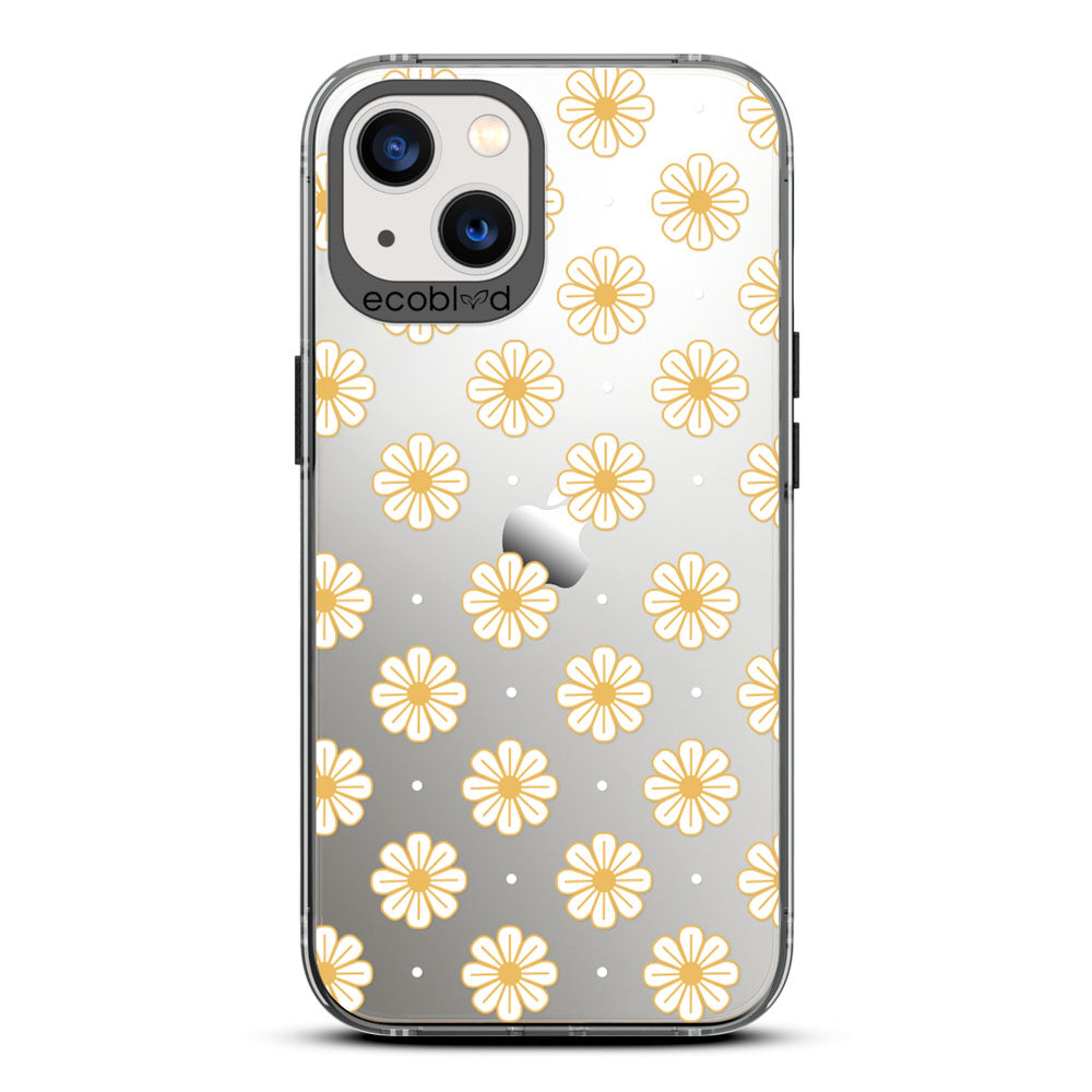 Laguna Collection - Black Eco-Friendly iPhone 13 Case With White Floral Pattern Daisies & Dots On A Clear Back - Compostable