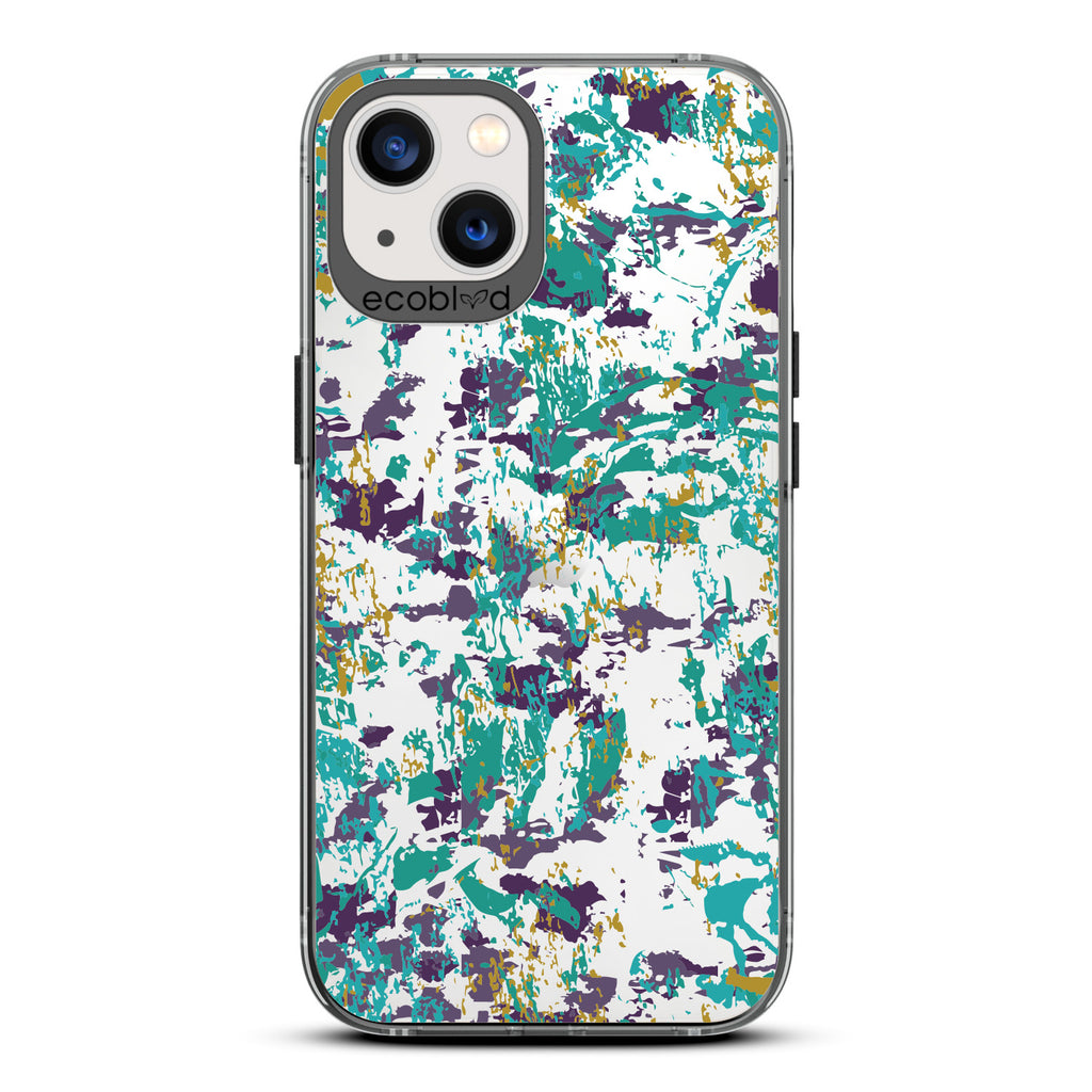 Contemporary Collection - Black Compostable iPhone 13 Case - Abstract Expressionist Paint Splatter On A Clear Back