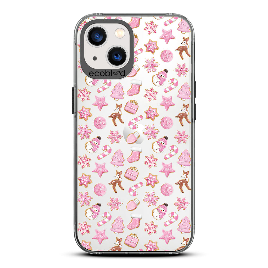 Winter Collection - Black Laguna Eco-Friendly iPhone 13 Case With Pink Holiday-Themed Cookies On A Clear Back