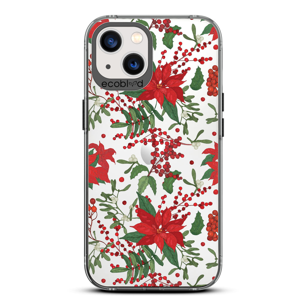 Winter Collection - Black Compostable iPhone 13 Case - Illustrated Poinsettia Floral Print On Clear Back
