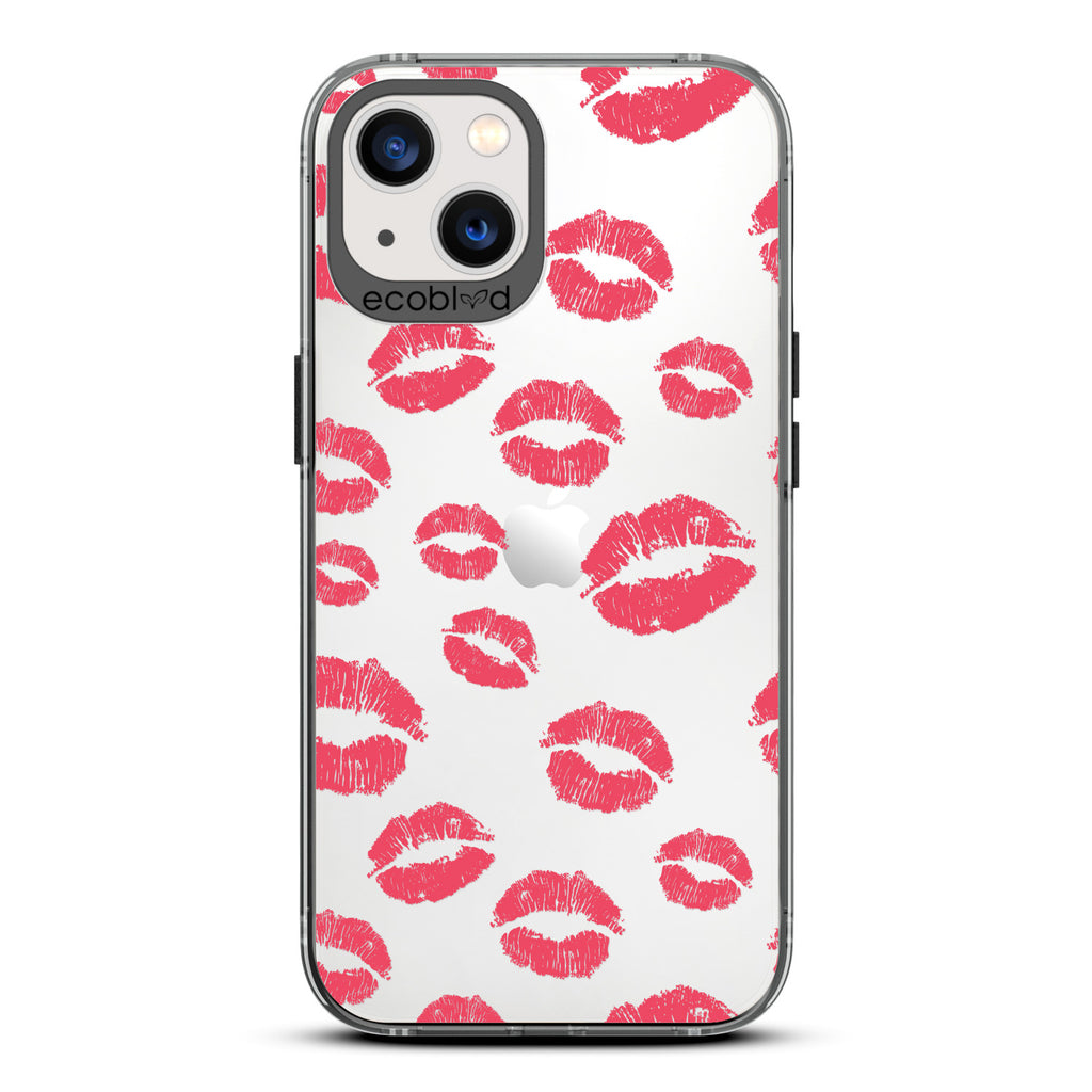 Love Collection - Black Compostable iPhone 13 Case - Multiple Red Lipstick Kisses On A Clear Back