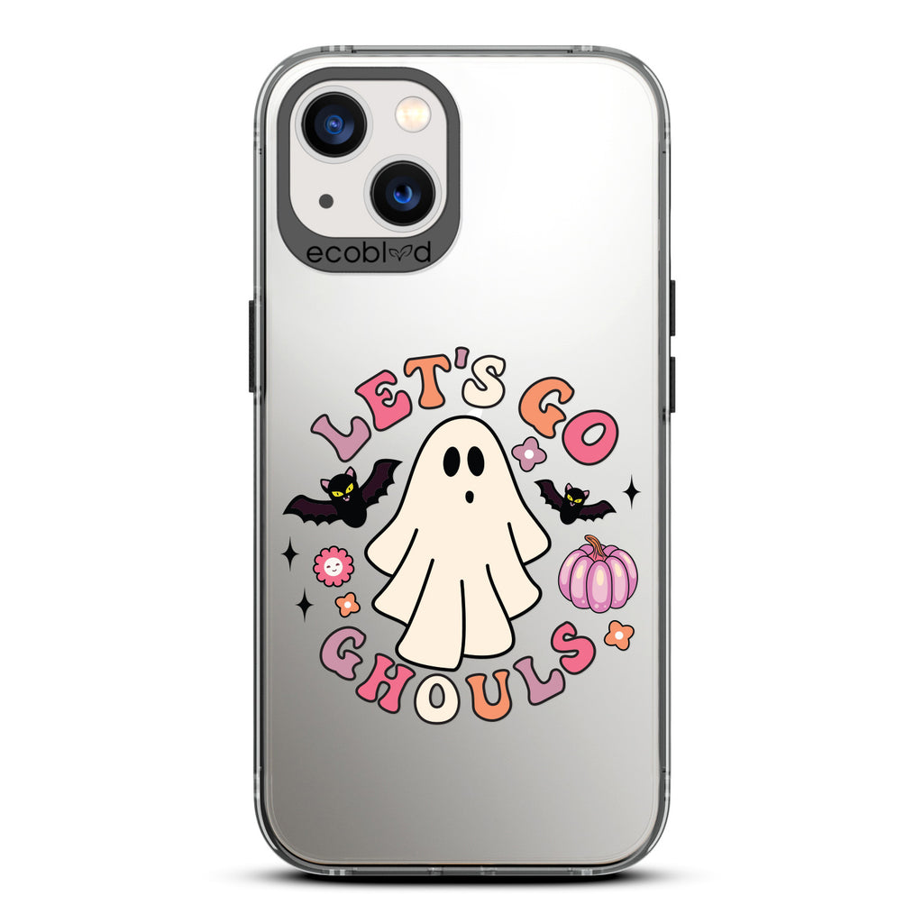Halloween Collection - Black Laguna iPhone 13 Case With Let's Go Ghouls, A Ghost, Bats & A Pumpkin On A Clear Back 