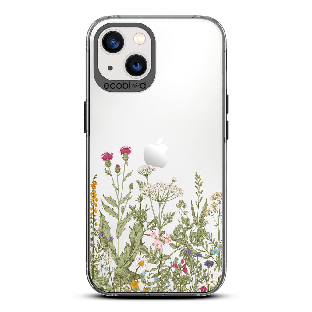 Spring Collection - Black Compostable iPhone 13 Case - Wild Herbs & Flowers Botanical Herbarium On A Clear Back