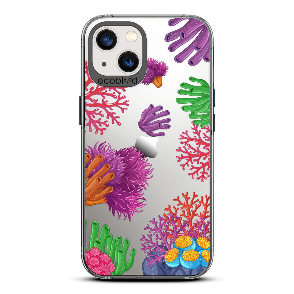 Laguna Collection - Black Eco-Friendly iPhone 13 Case With A Colorful Underwater Coral Reef Pattern On A Clear Back