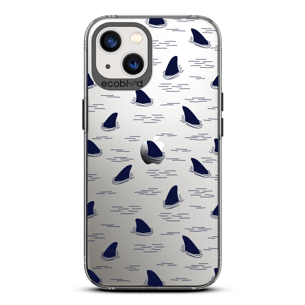 Laguna Collection - Black iPhone 13 Case With Shark Fins Peeking From Water On A Clear Back - 6FT Drop Protection