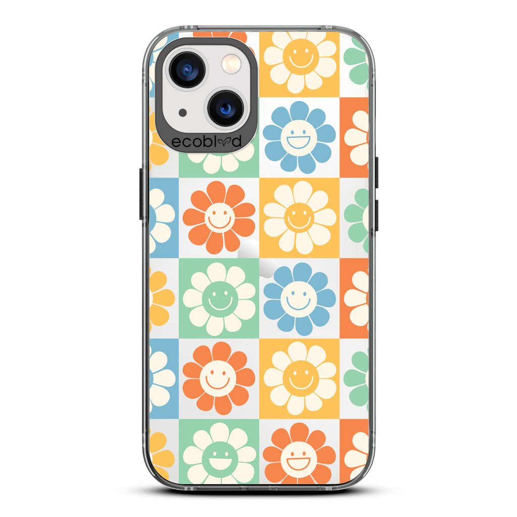 Spring Collection - Black Compostable iPhone 13 Case - 70's Gingham Cartoon Flowers W/ Smiley Faces On A Clear Back