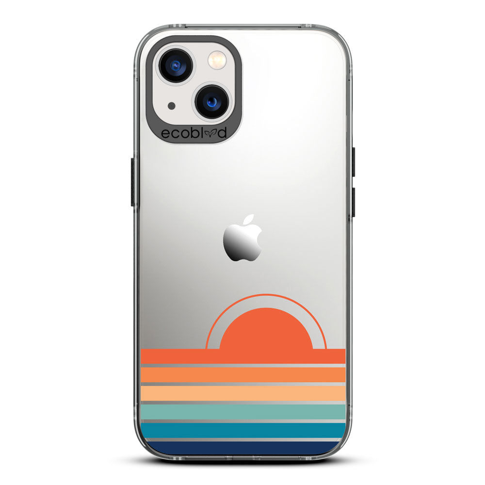 Laguna Collection - Black Eco-Friendly iPhone 13 Case With A Sun Rising From Rainbow Stripes On A Clear Back - Compostable