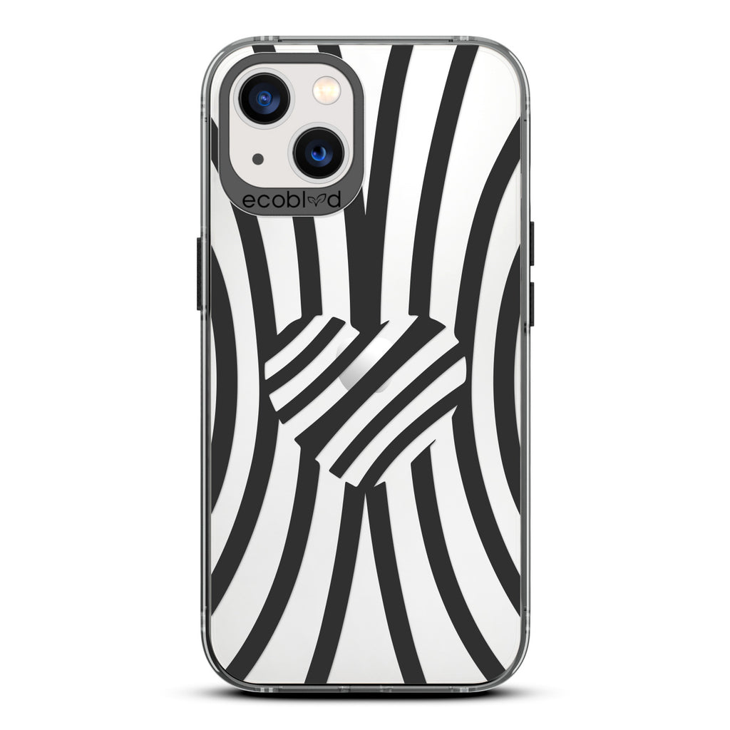 Love Collection - Black Compostable iPhone 13 Case - Black Zebra Stripes & A Heart In The Center On A Clear Back