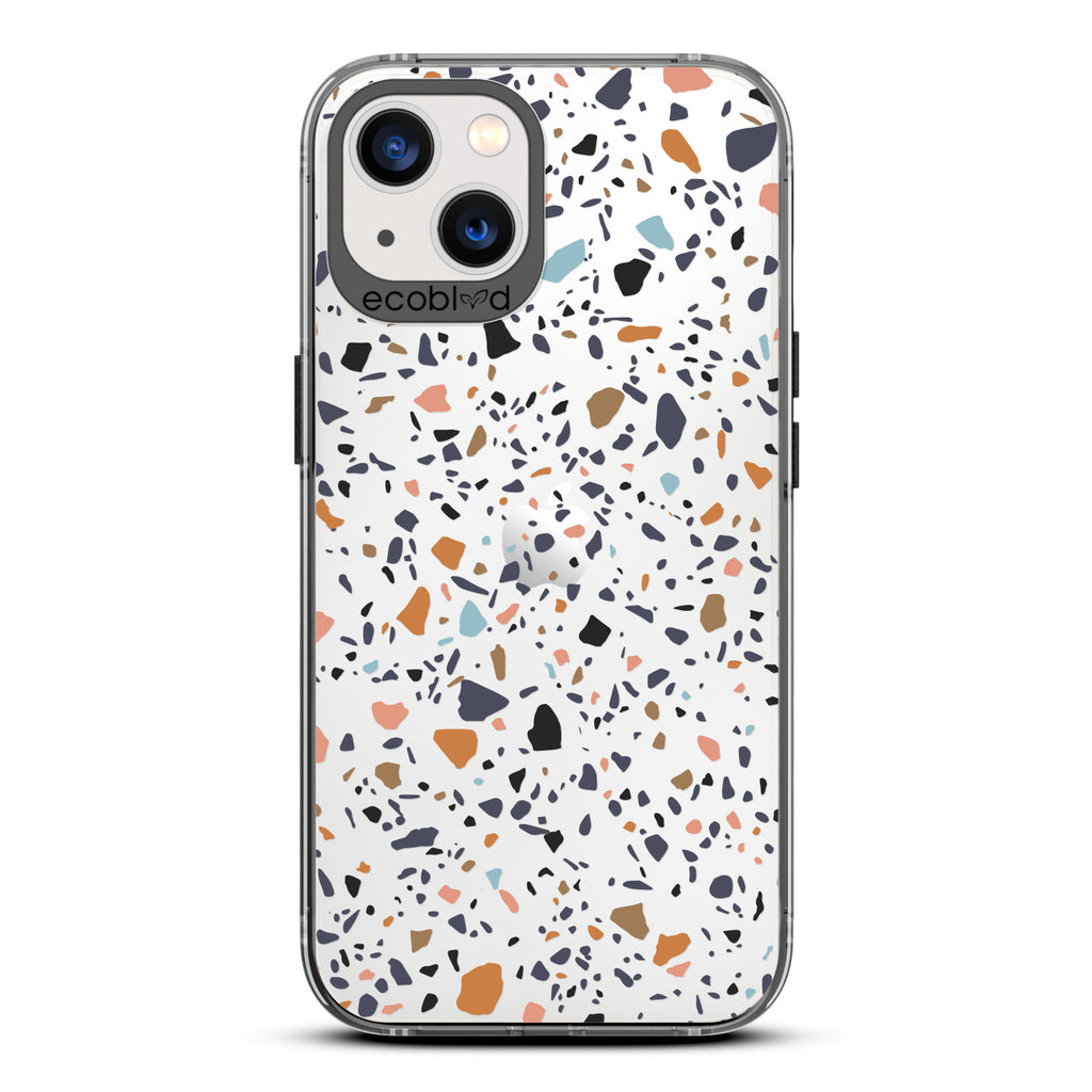 Timeless Collection - Black Laguna Compostable iPhone 13 Case With A Speckled Terrazzo Pattern On A Clear Back