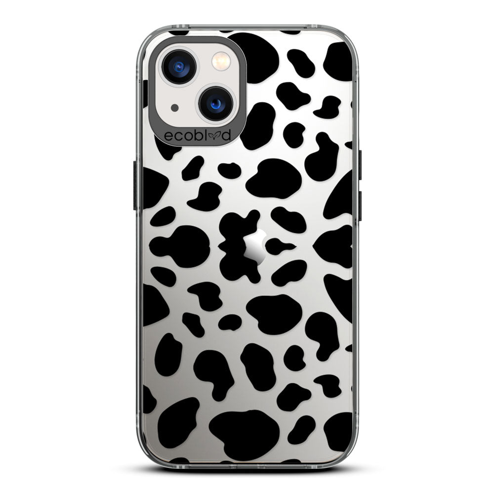 Laguna Collection - Black Eco-Friendly iPhone 13 Case With A Black Spots Cow Print On A Clear Back - Compostable