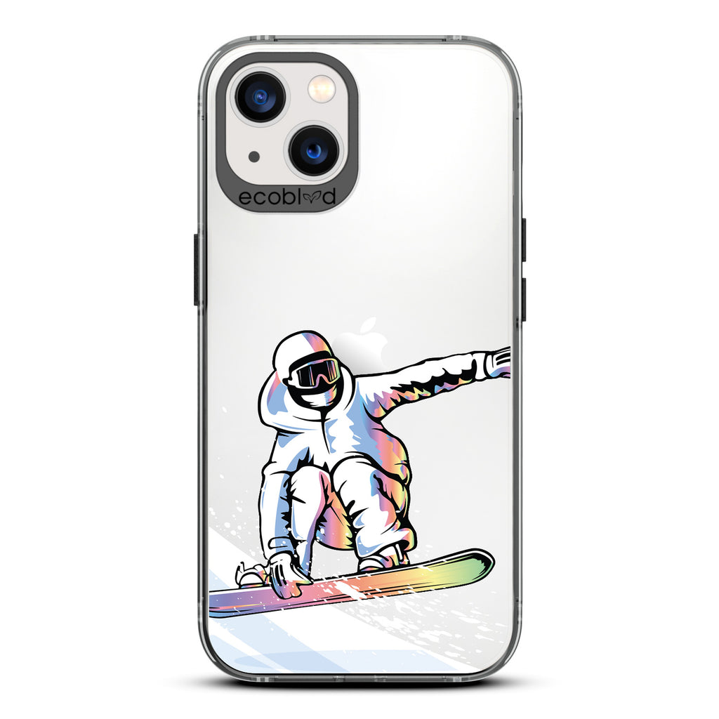 Winter Collection - Black Eco-Friendly iPhone 13 Case - A Snowboarder Jumps While Holding The Board On A Clear Back