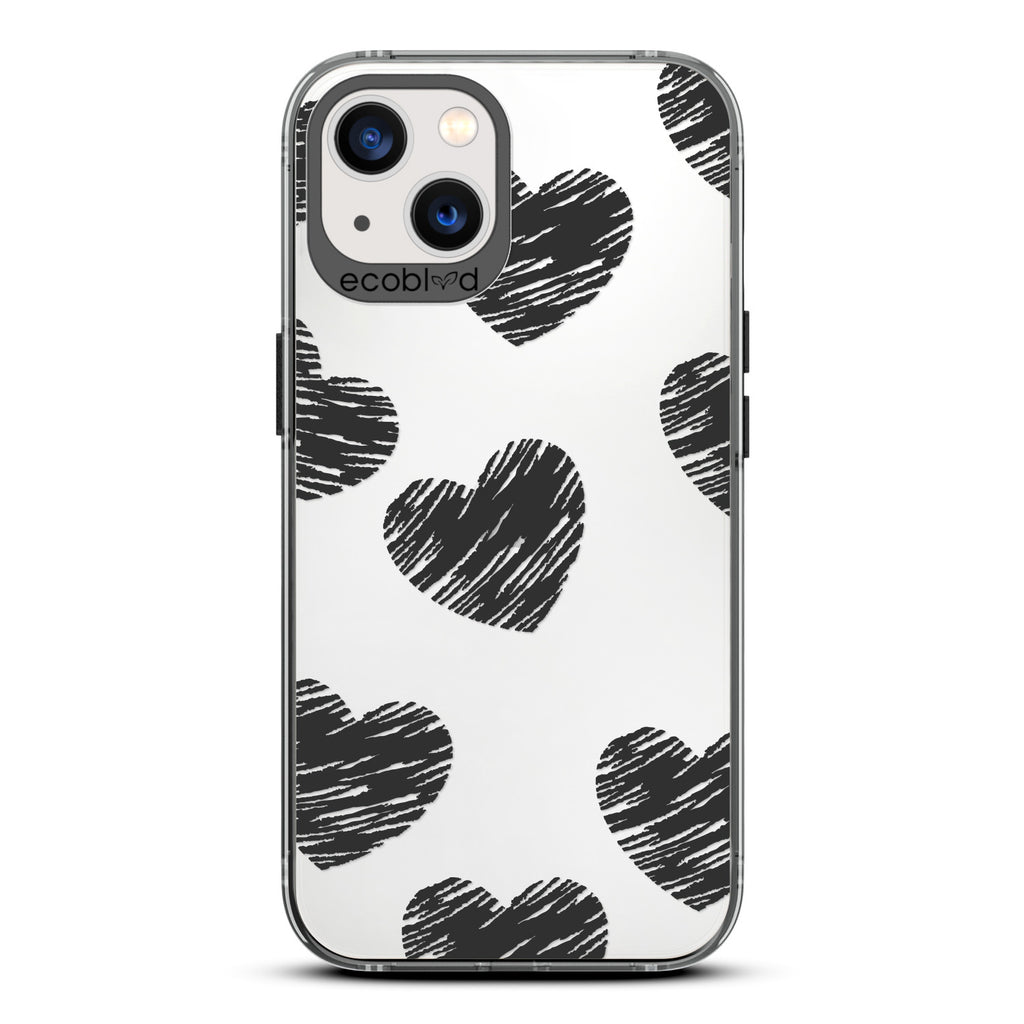 Love Collection - Black Compostable iPhone 13 Case - Black Scribbled Hearts On A Clear Back