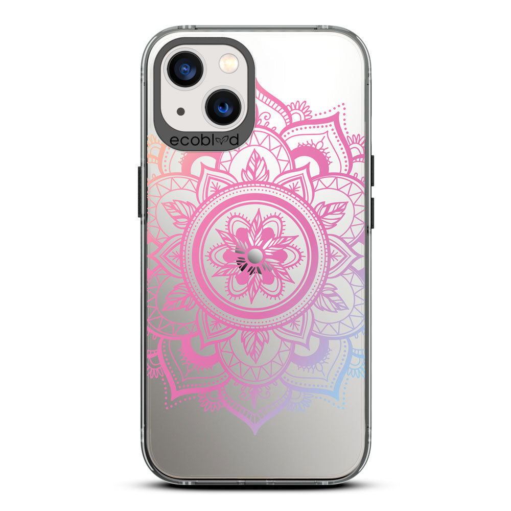 Laguna Collection - Black Compostable iPhone 13 Case With A Pink Lotus Flower Mandala Design On A Clear Back