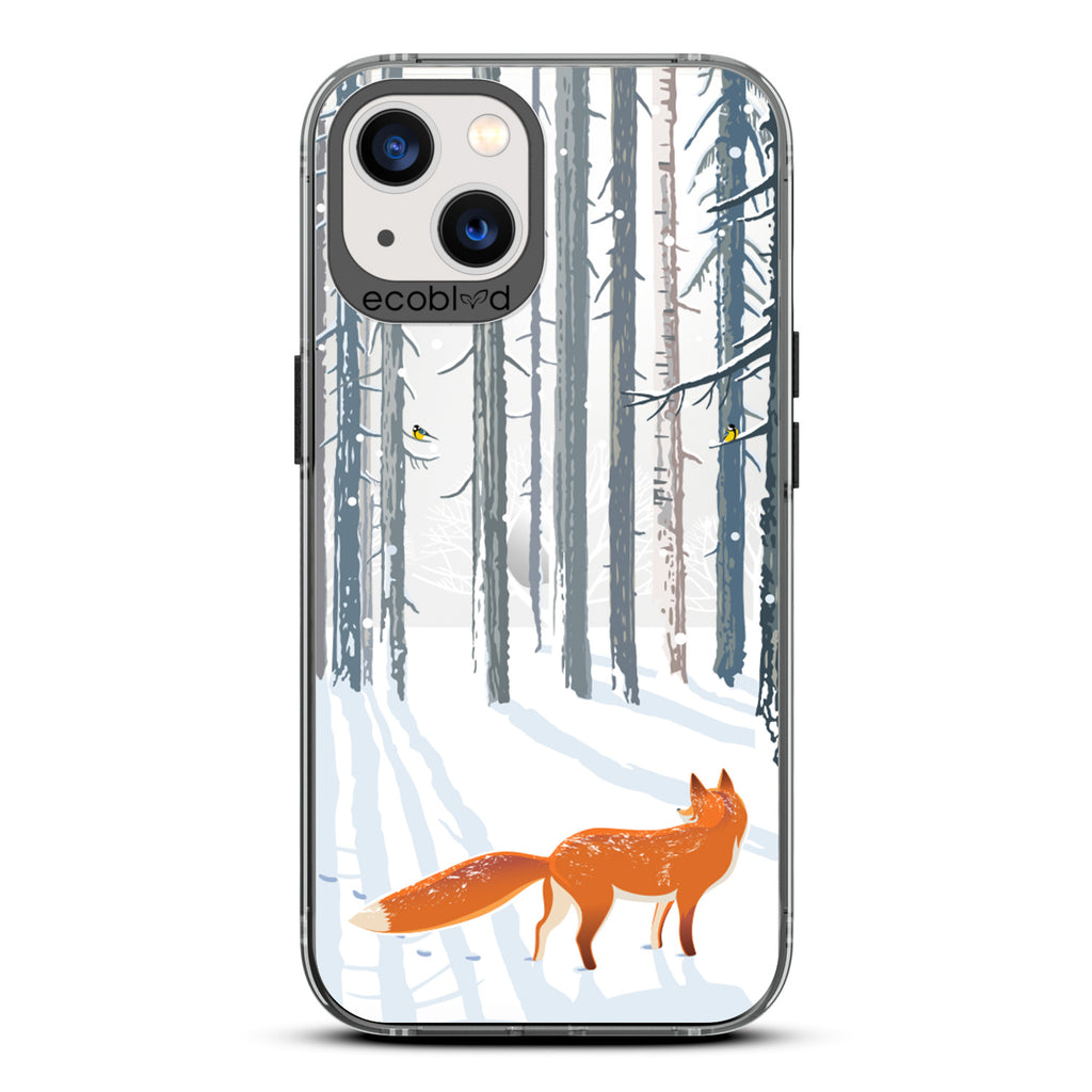 Winter Collection - Black Eco-Friendly iPhone 13 Case - Orange Fox Trails Pawprints In Snowy Woods On A Clear Back