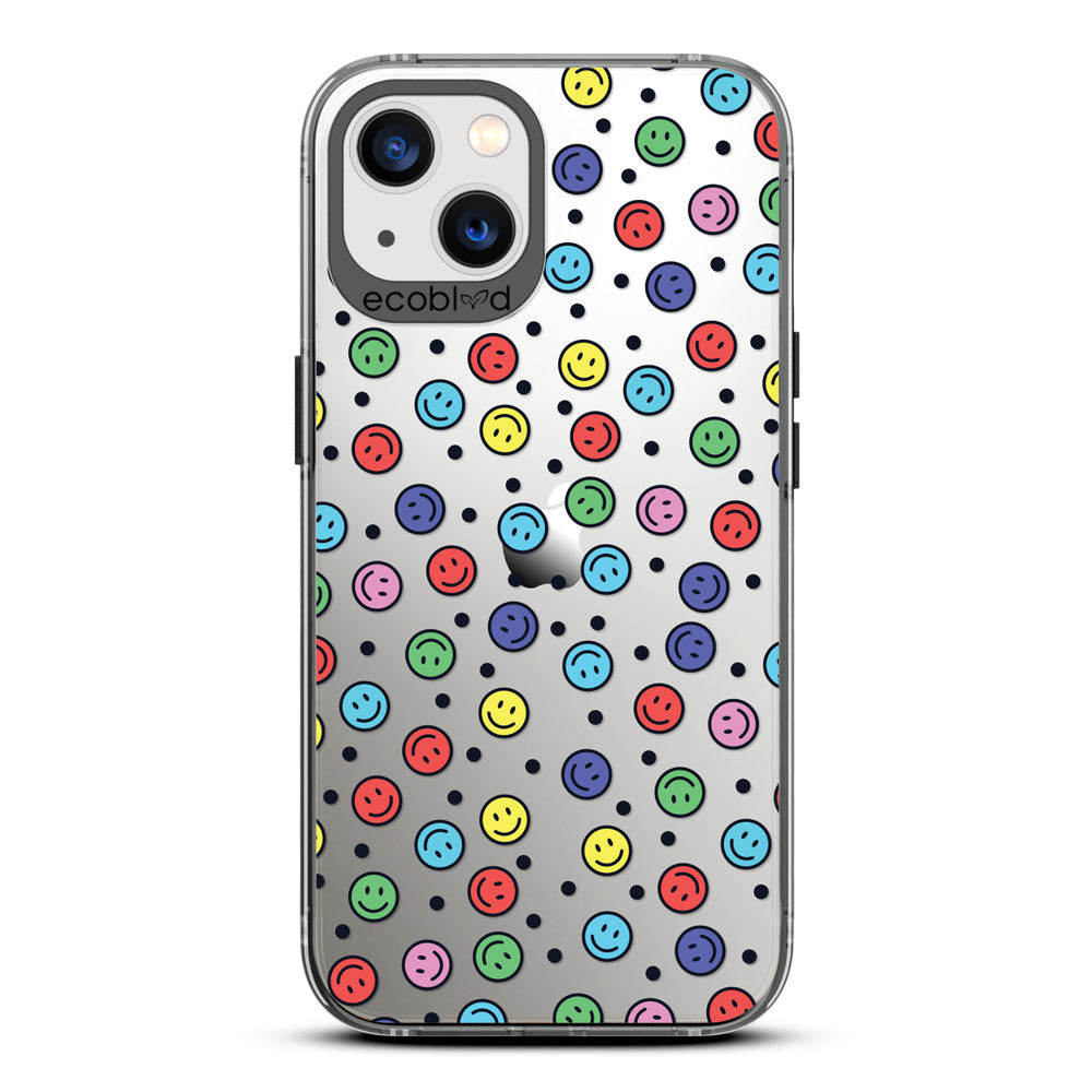 Laguna Collection - Black Eco-Friendly iPhone 13 Case With Multicolored Smiley Faces & Black Dots On A Clear Back 