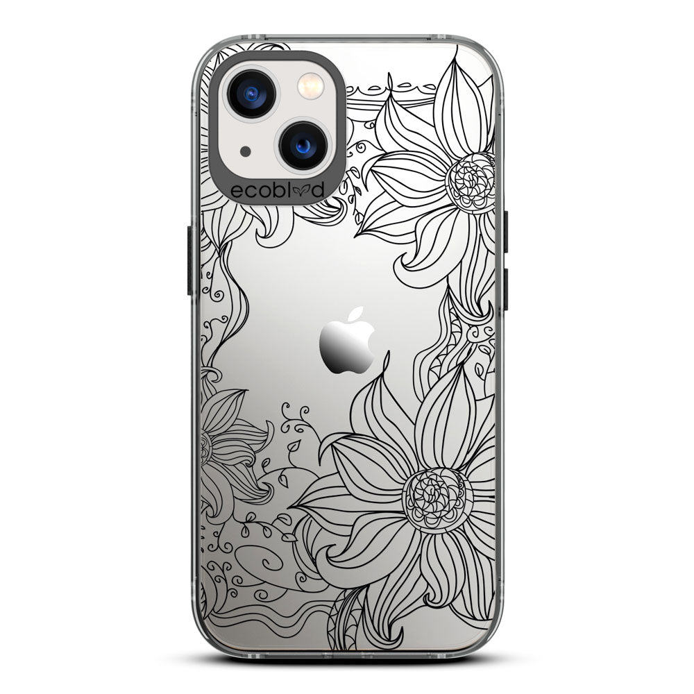 Laguna Collection - Black Eco-Friendly iPhone 13 Case With A Sunflower Stencil Line Art Design On A Clear Back