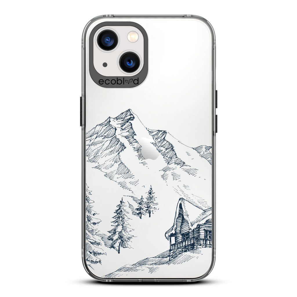 Winter Collection - Black Compostable iPhone 13 Case - Snowy Mountainside Wood Cabin On A Clear Back
