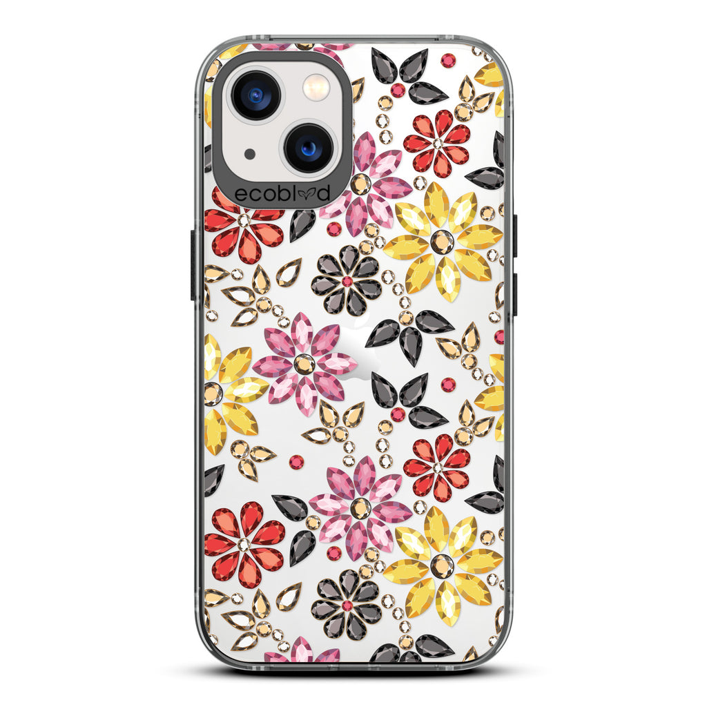 Spring Collection - Black Compostable iPhone 13 Case - Rhinestone Jewels In Floral Patterns On A Clear Back