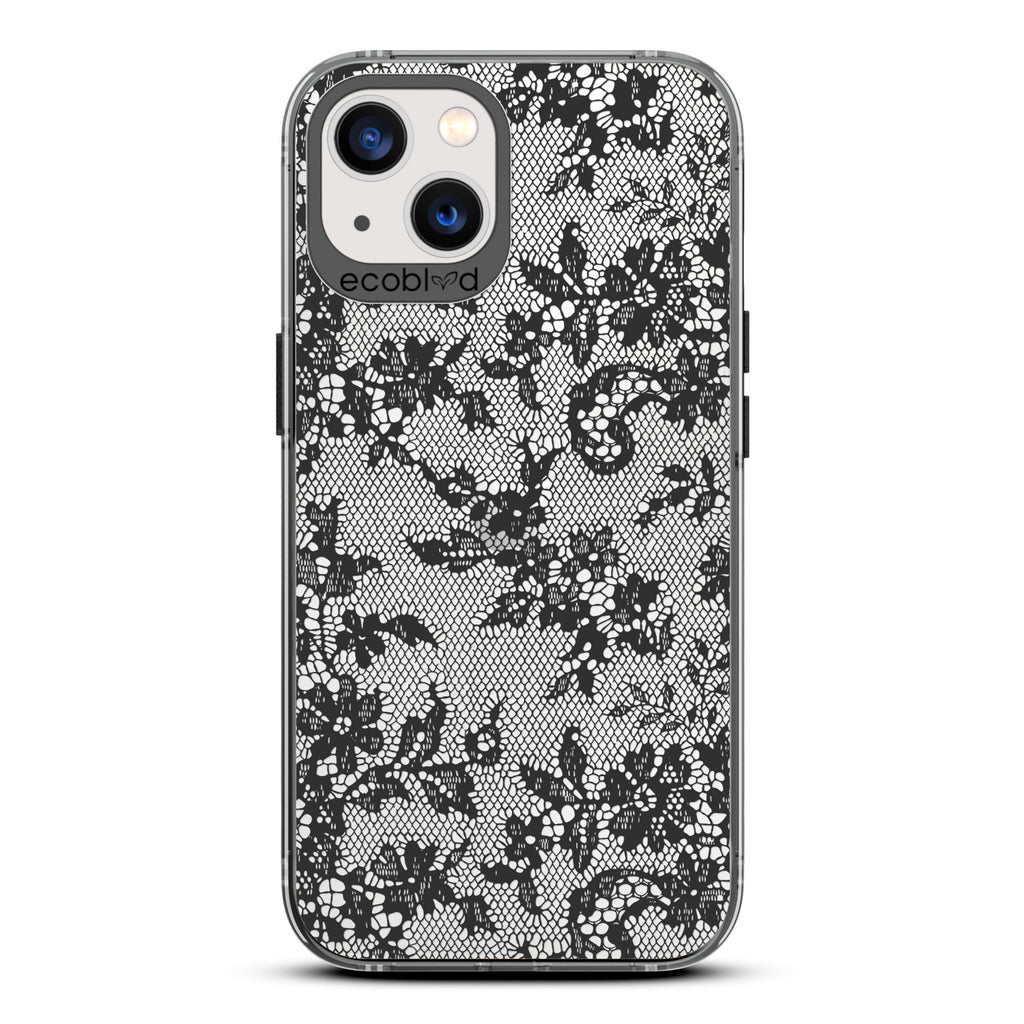 Spring Collection - Black Compostable iPhone 13 Case - French Chantilly Floral Lace Trim On Clear Back