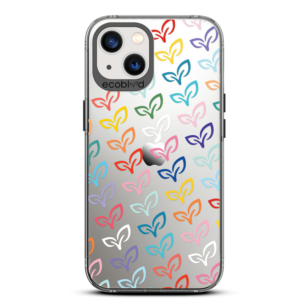  Laguna Collection - Black iPhone 13 Case With Colorful V-Leaf Monogram Print On A Clear Back - 6FT Drop Protection