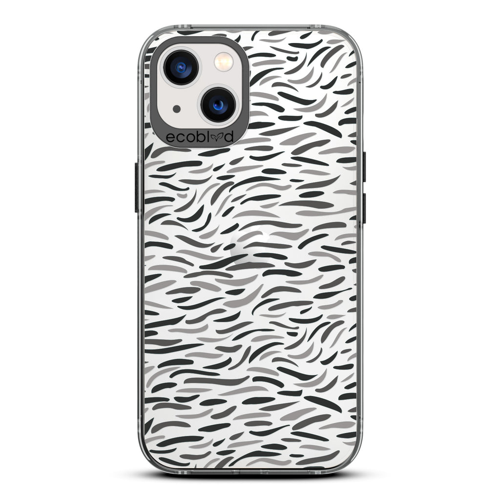 Timeless Collection - Black Laguna Compostable iPhone 13 Case With Abstract Paint Brush Strokes On A Clear Back