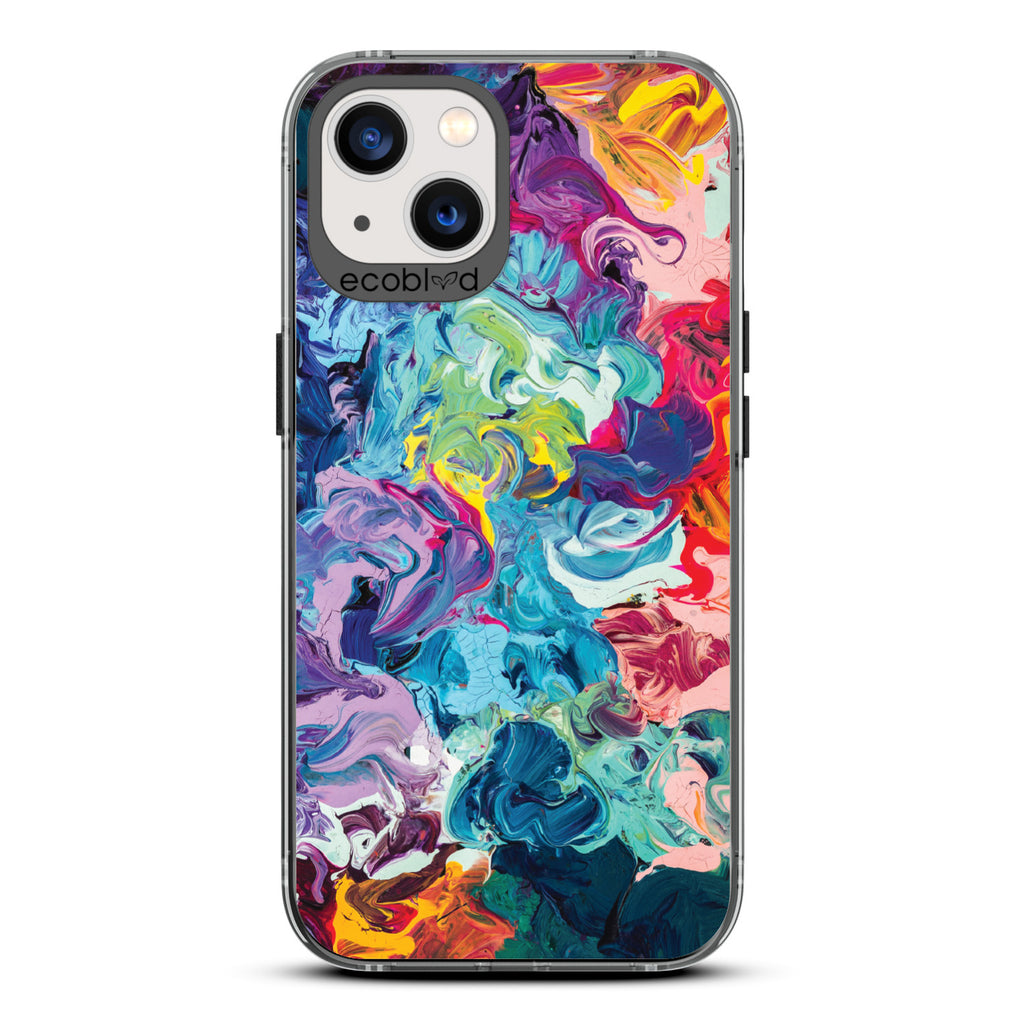 Contemporary Collection - Black Compostable iPhone 13 Case - Abstract Colorful Oil Painting On A Clear Back