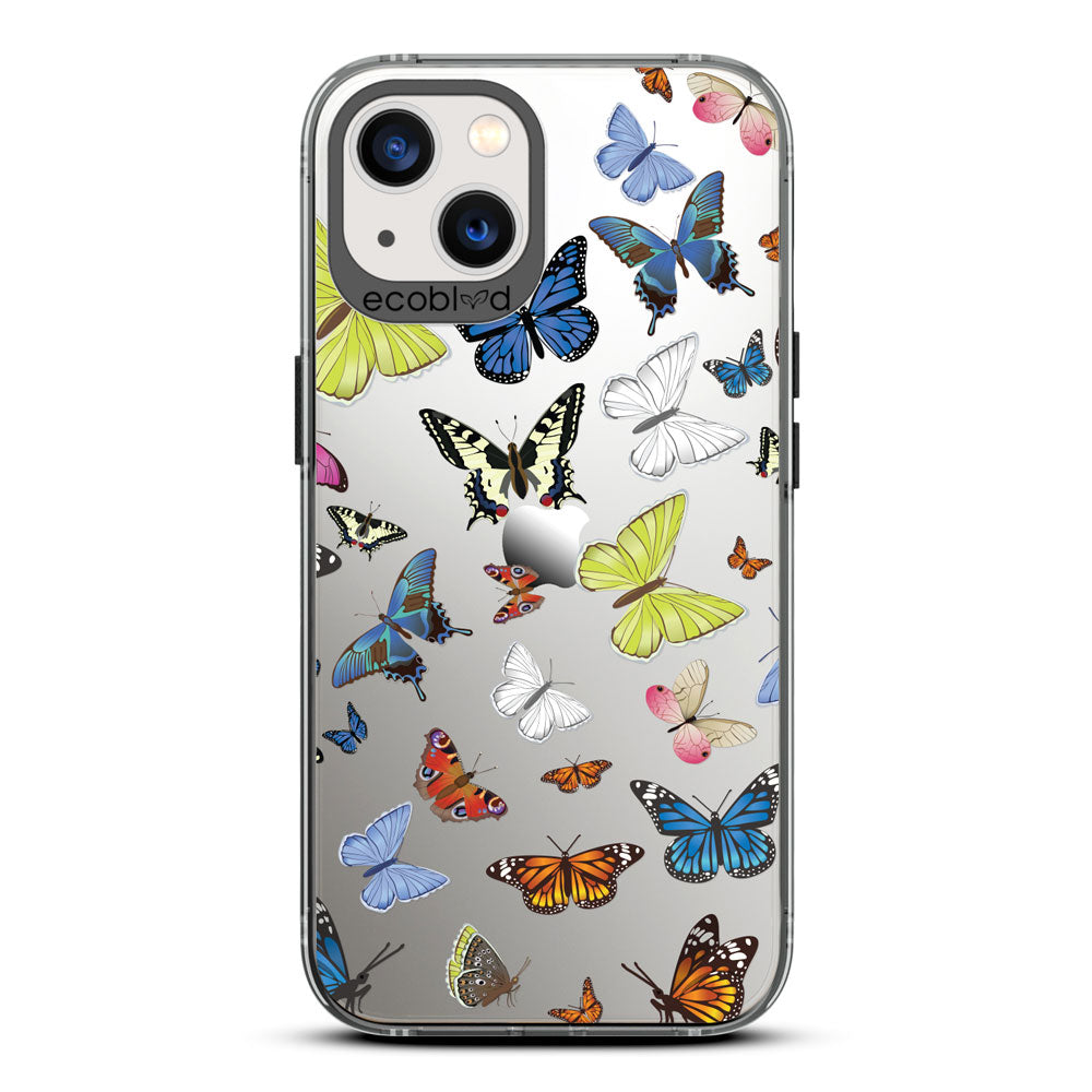 Laguna Collection - Black iPhone 13 Case With Multicolored Butterflies On A Clear Back - 6FT Drop Protection