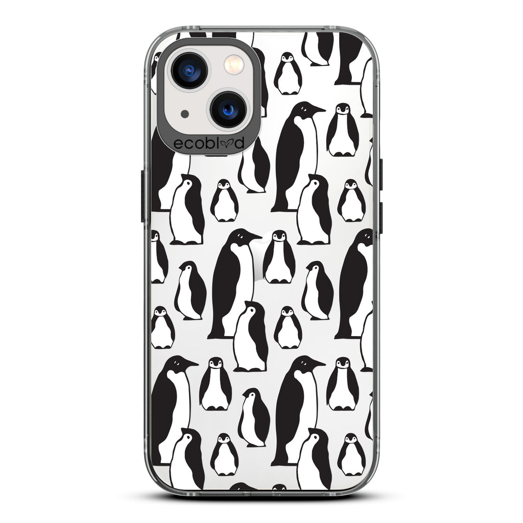 Winter Collection - Black Laguna Eco-Friendly iPhone 13 Case With A Waddle Of Penguins On A Clear Back