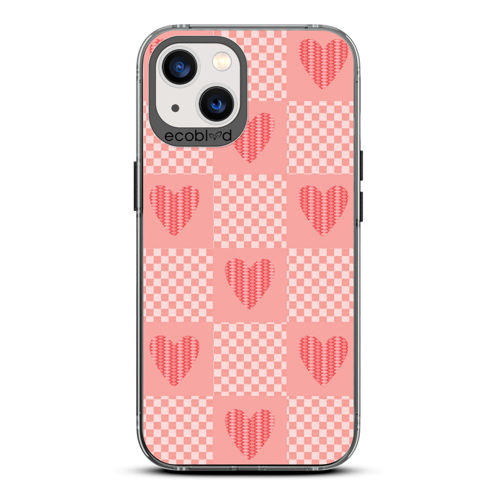 Love Collection - Black Compostable iPhone 13 Case - Gingham Print Of Chevron Squares & Sewn Hearts On A Clear Back