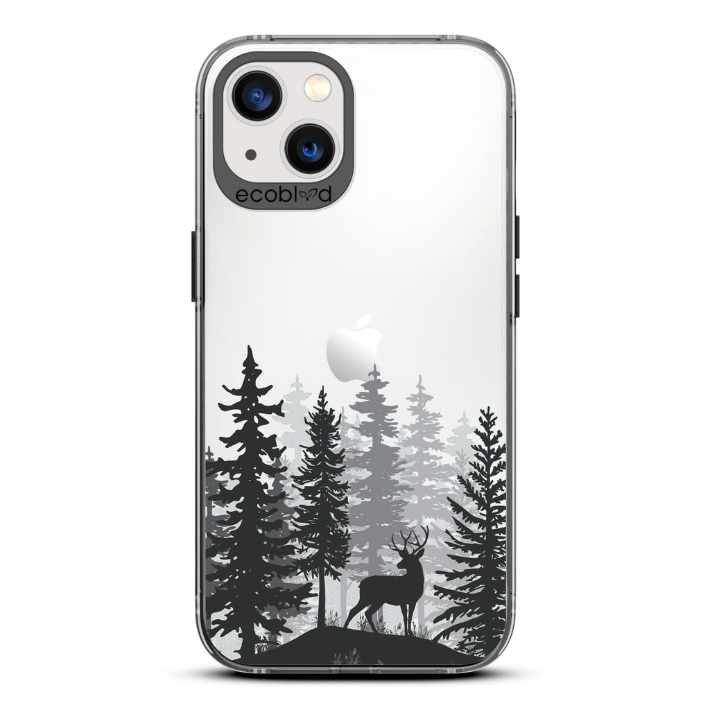 Winter Collection - Black Compostable iPhone 13 Case - Wild Stag Standing On Boulder In The Woods On Clear Back