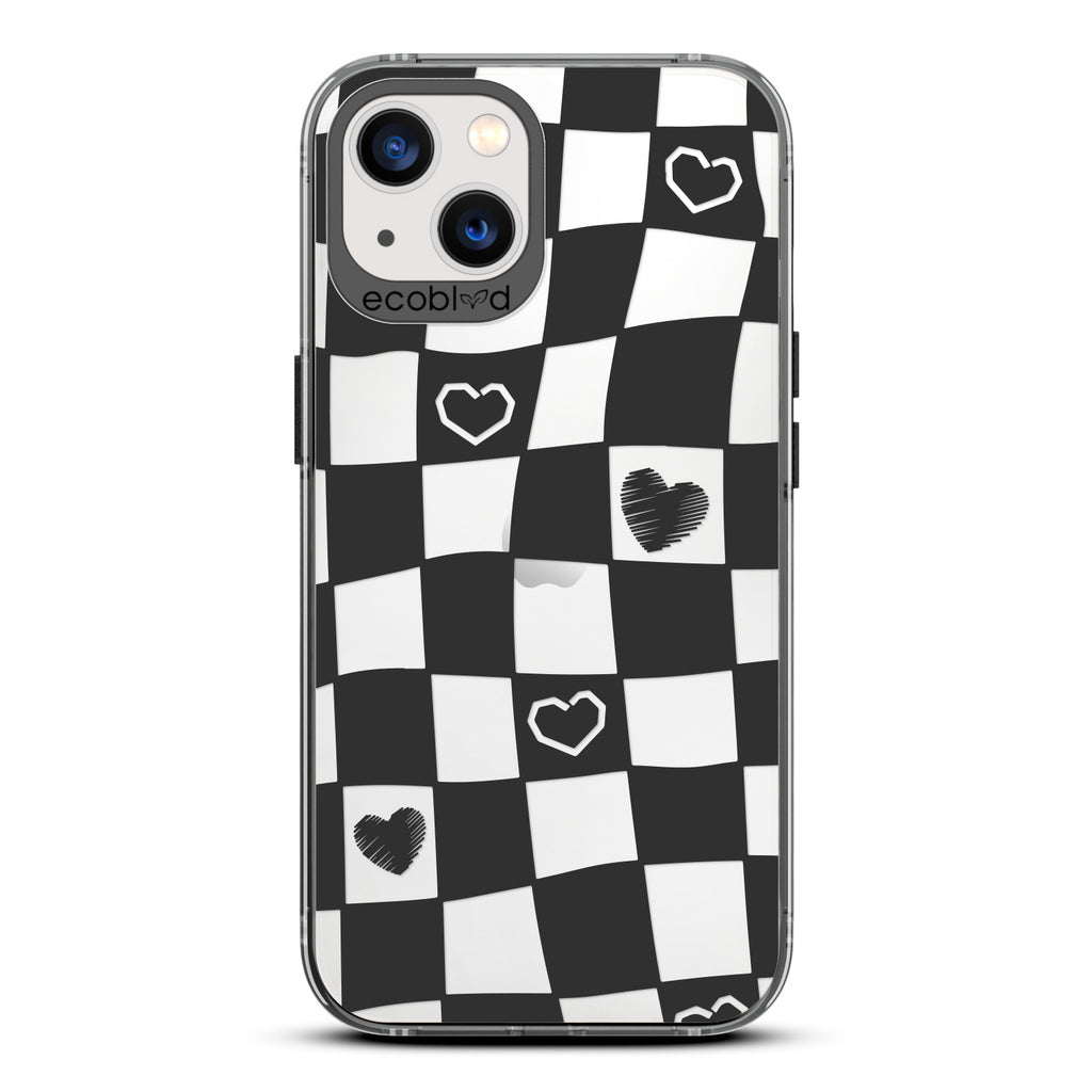 Love Collection - Black Compostable iPhone 13 Case - Wavy Checkered Print & Scribbled Hearts On A Clear Back