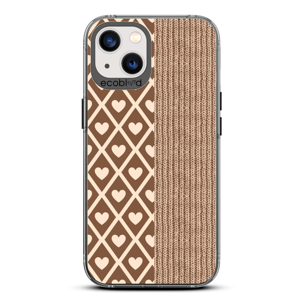 Love Collection - Black Compostable iPhone 13 Case - Left: Brown Argyle Print & Right: Sewn Fabric On A Clear Back