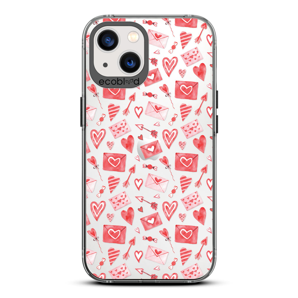 Love Collection - Black Compostable iPhone 13 Case - Red & Pink Love Letter Envelopes, Hearts & Arrows On Clear Back