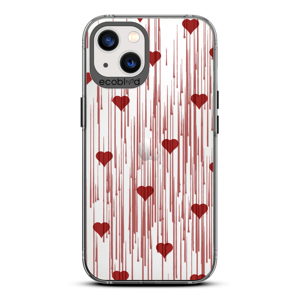 Bleeding Hearts - Black Compostable iPhone 13 Case - Red Hearts With A Drip Art Style On A Clear Back