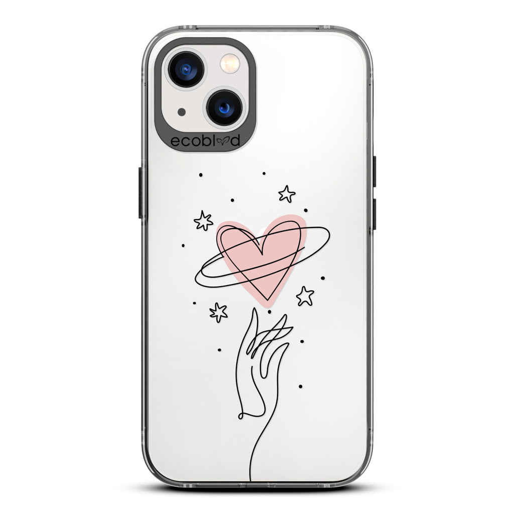 Be Still My Heart - Black Compostable iPhone 13 Case - Line Art Hand Reaching Out For Pink Heart, Stars On Clear Back
