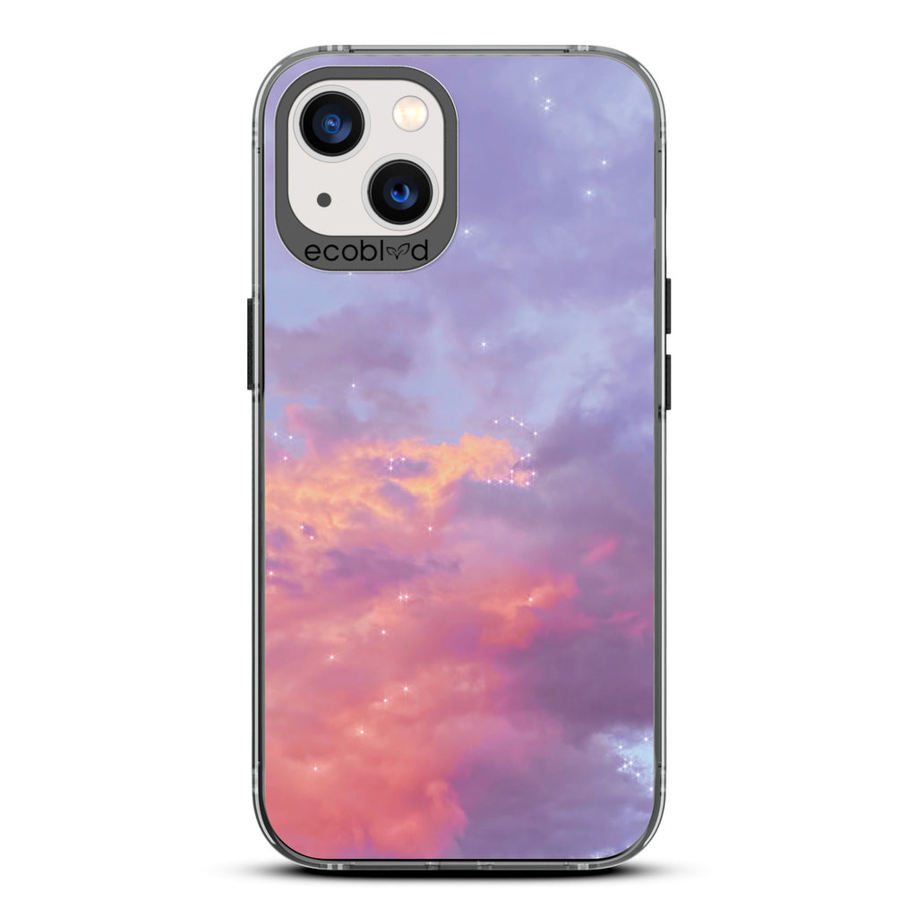 Love Collection - Black Compostable iPhone 13 Case - Cloudy Pastel Sunset With Stars On A Clear Back