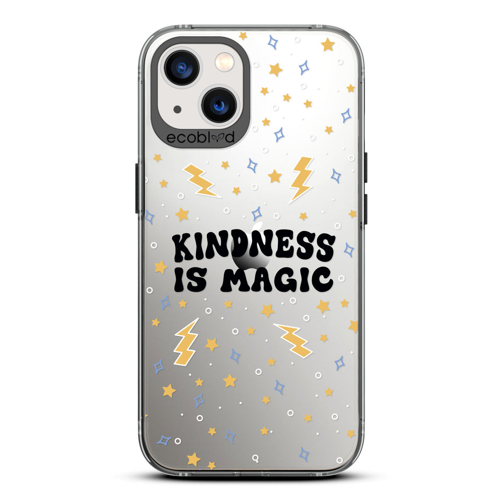 Laguna Collection - Black Compostable iPhone 13 Case With Kindness Is Magic, Lightning Bolts & Stars On Clear Back