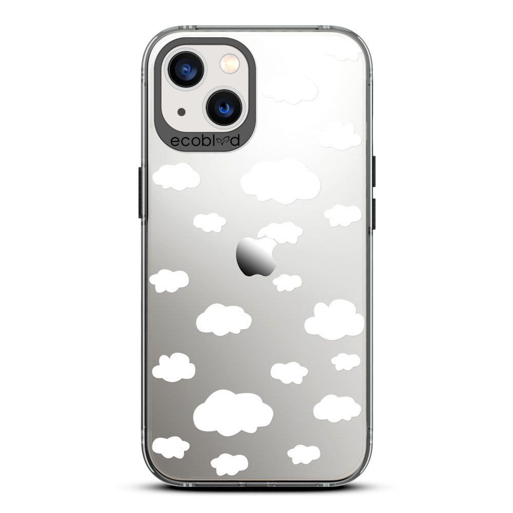 Laguna Collection - Black Eco-Friendly iPhone 13 Case With A Fluffy White Cartoon Clouds Print On A Clear Back - Compostable